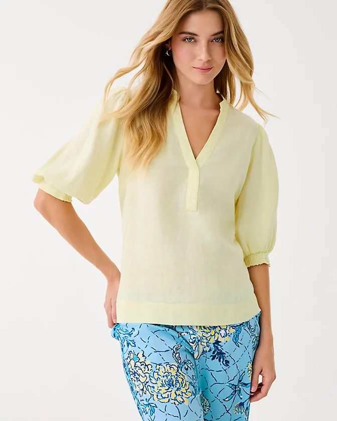 Mialeigh Linen Top (Limoncello X Resort White)