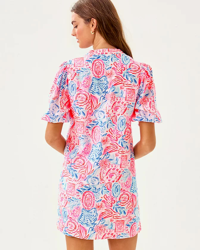 Mialeigh Elbow Sleeve Linen Dress (Fresh Water Blue Sunbathers)
