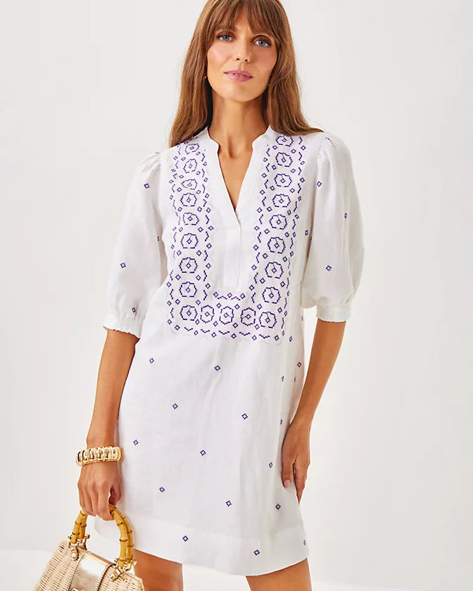 Mialeigh Elbow Sleeve Linen Dress (Water Hyacinth)