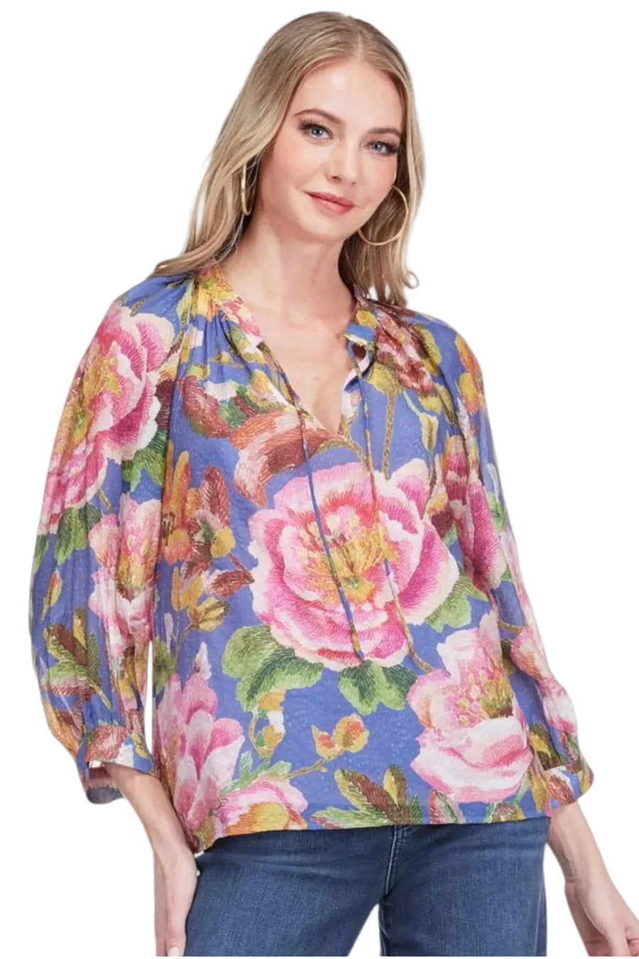 Band Collar Peasant Top (Cobalt Bloom)