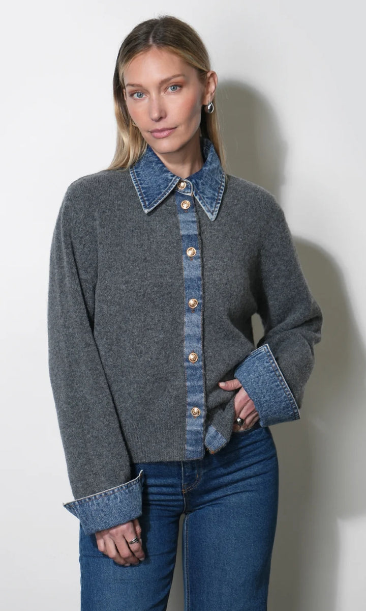 Romi Mixed Media Button Down Sweater (Grey)