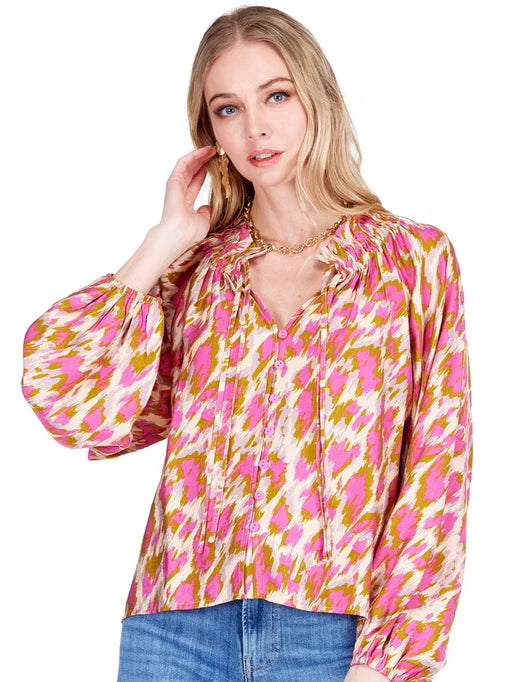 Elastic Neck Peasant Top (Magenta Splash)