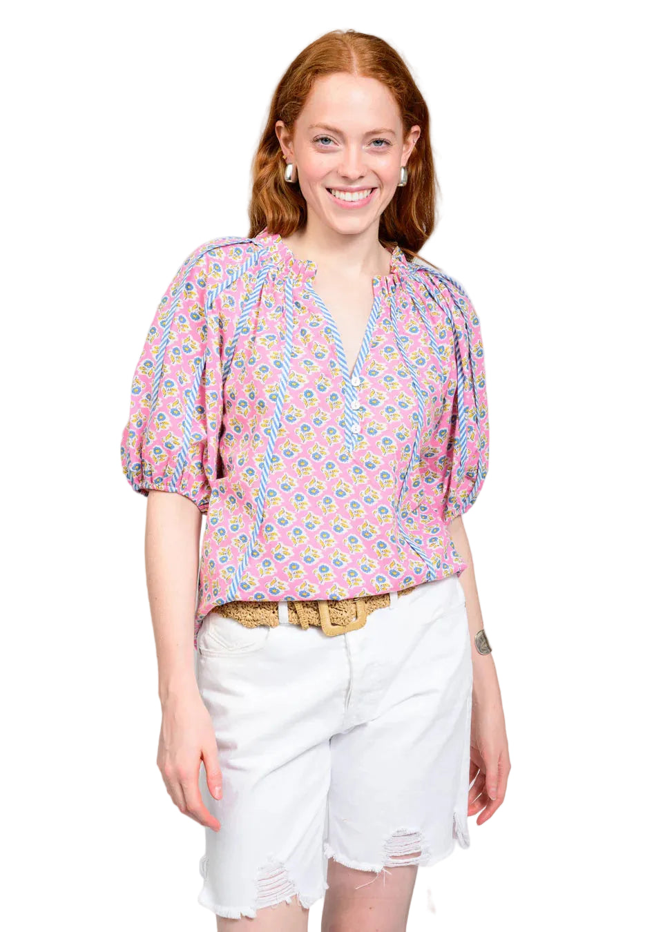 Striped Trim Floral Top (Pink)