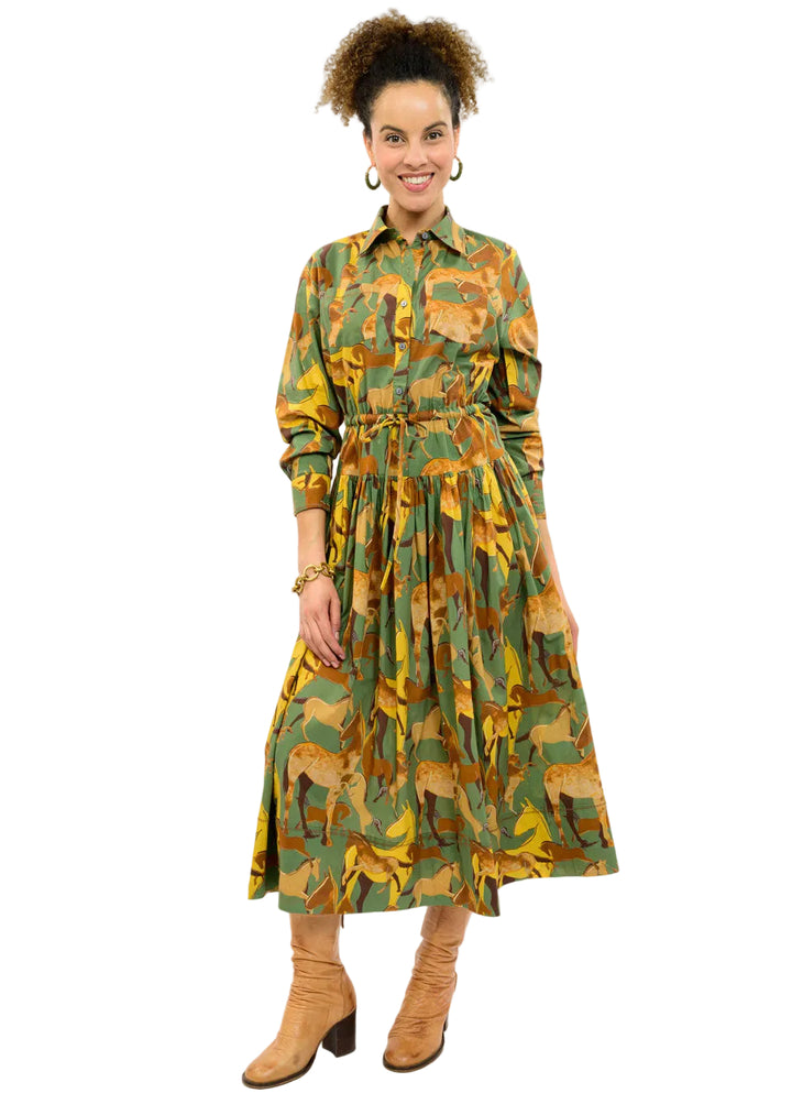 Horse Button Down Maxi Dress (Green)