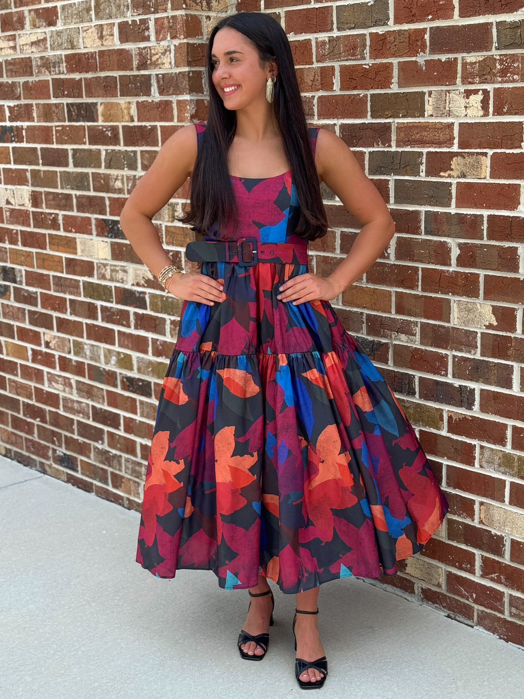 Belted Maxi Dress (Navy Multi Breeze Blooms)