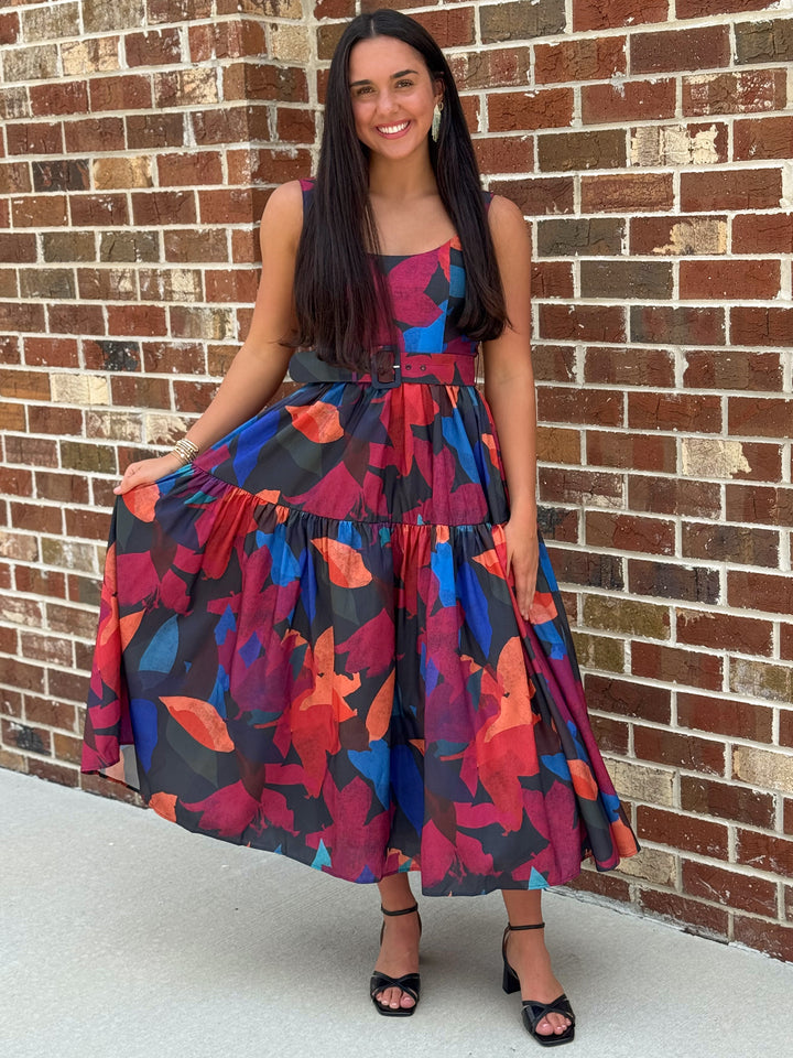 Belted Maxi Dress (Navy Multi Breeze Blooms)