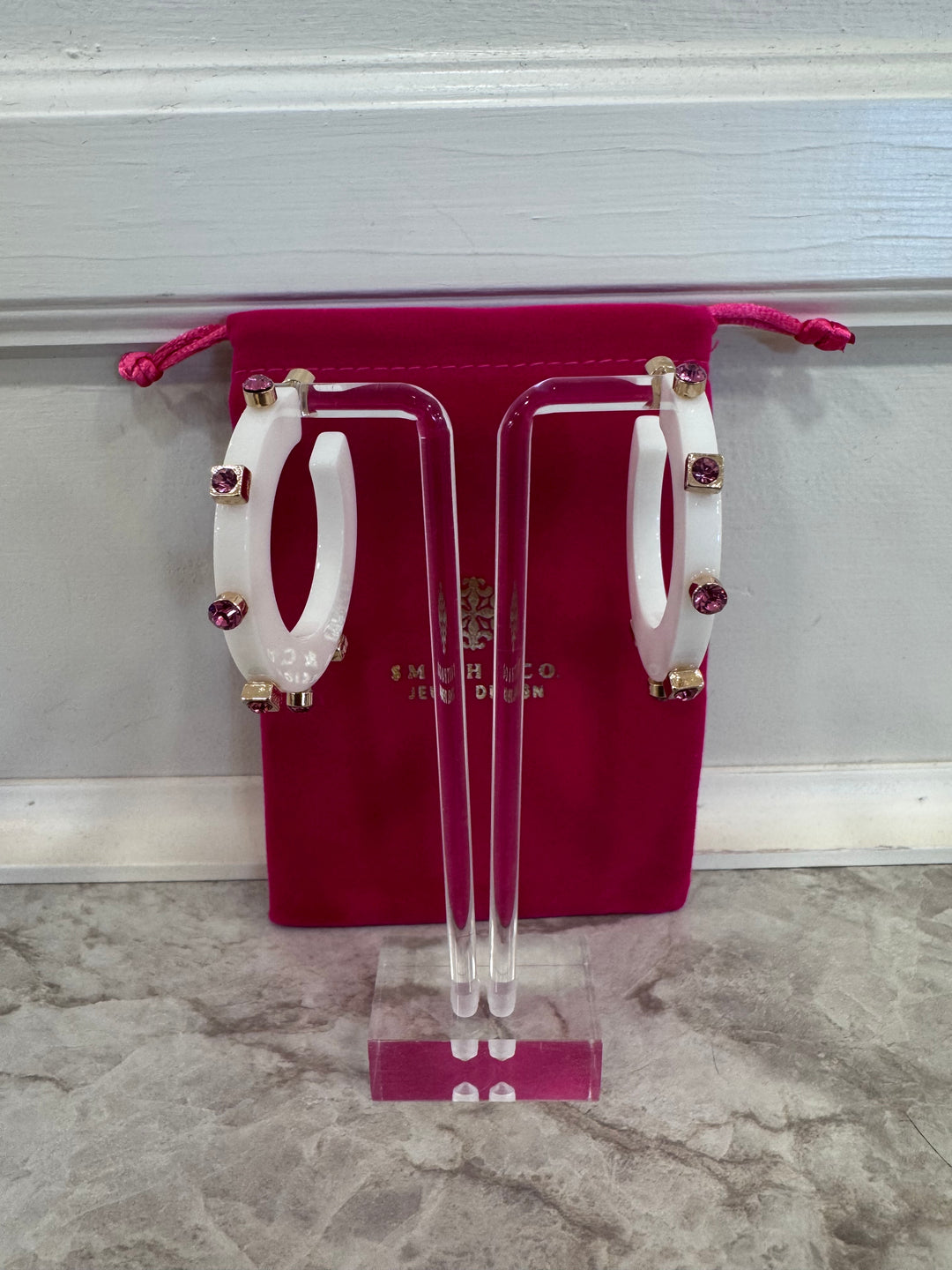 Large City Girl Hoop (White w Pink Jewels)
