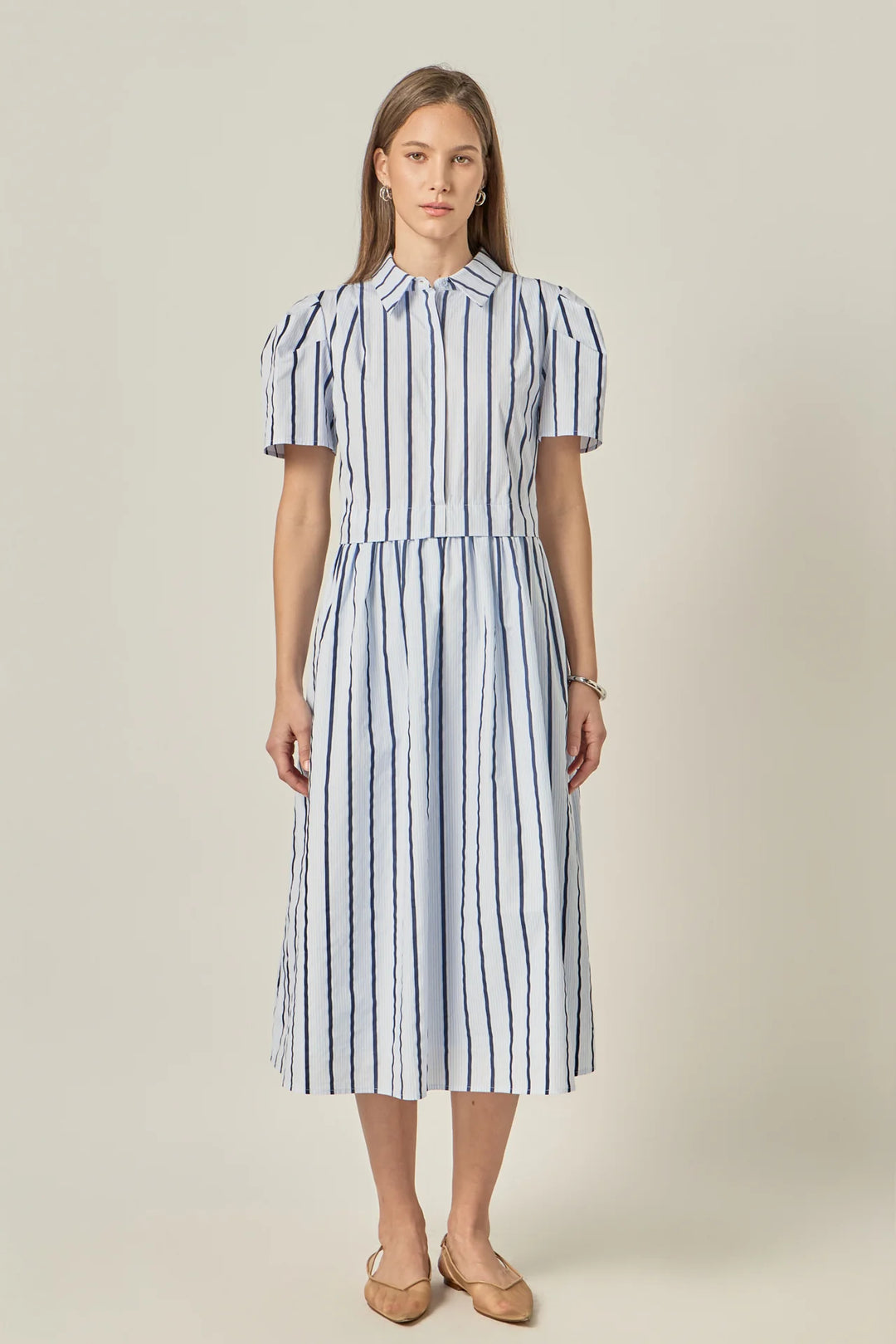 Striped Pleated Shoulder Shirt Midi Dress (Blue Stripe)
