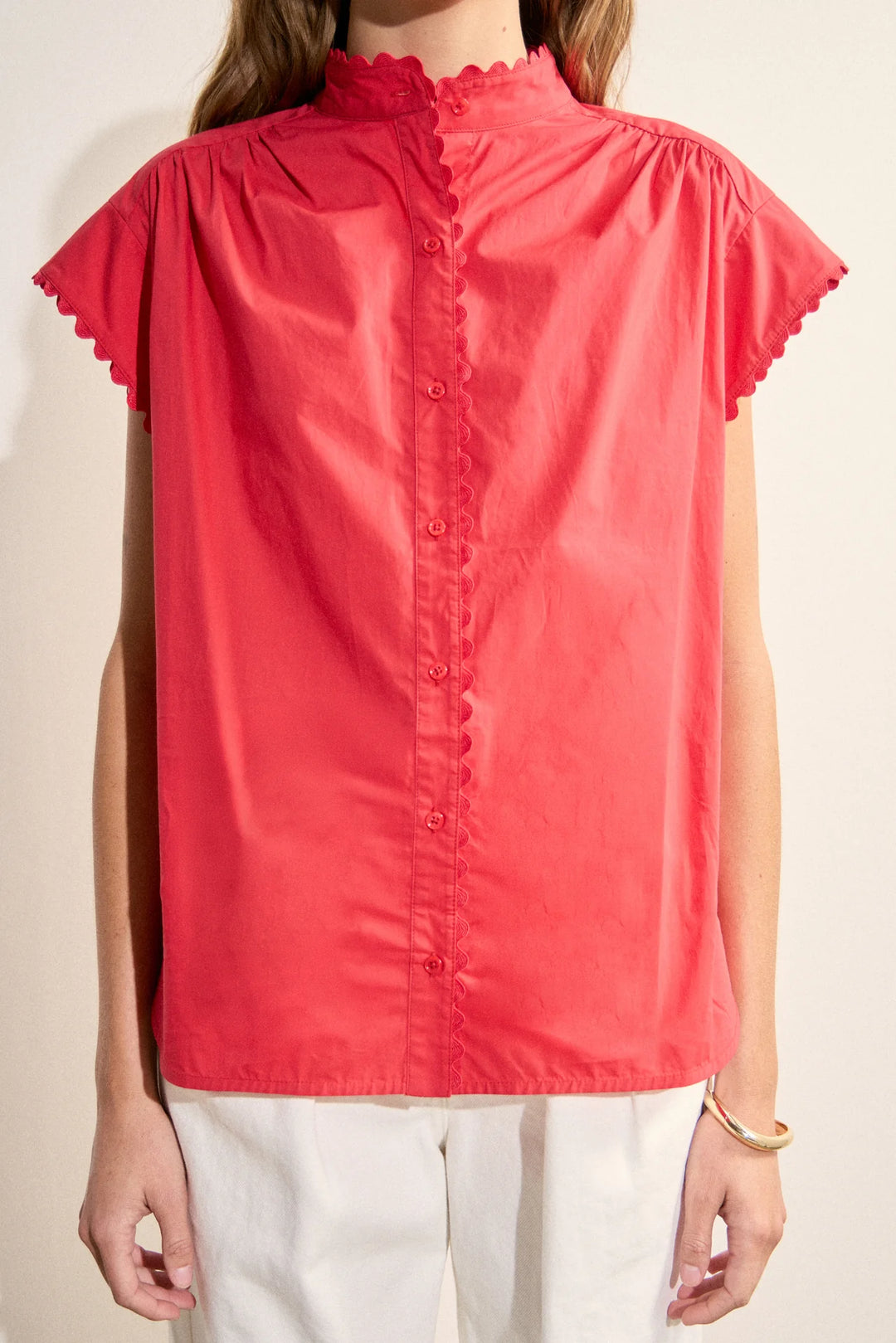 Scallop Trim Ric Rac Short Sleeve Shirt (Red)