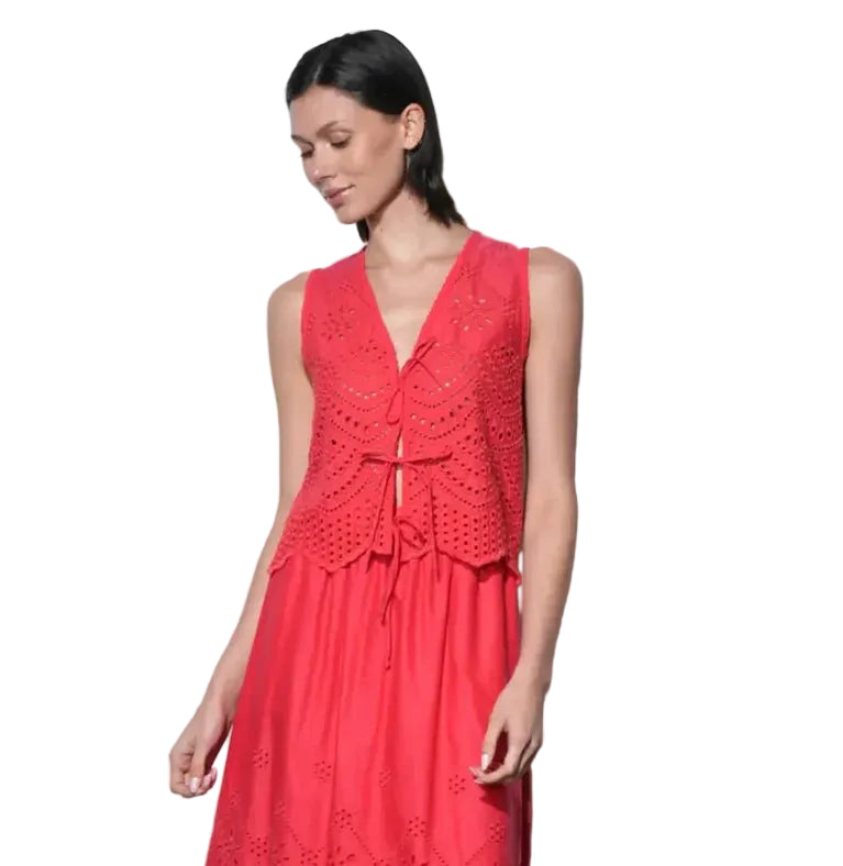 Effie Linen Blend Embroidered Vest Top (Red)