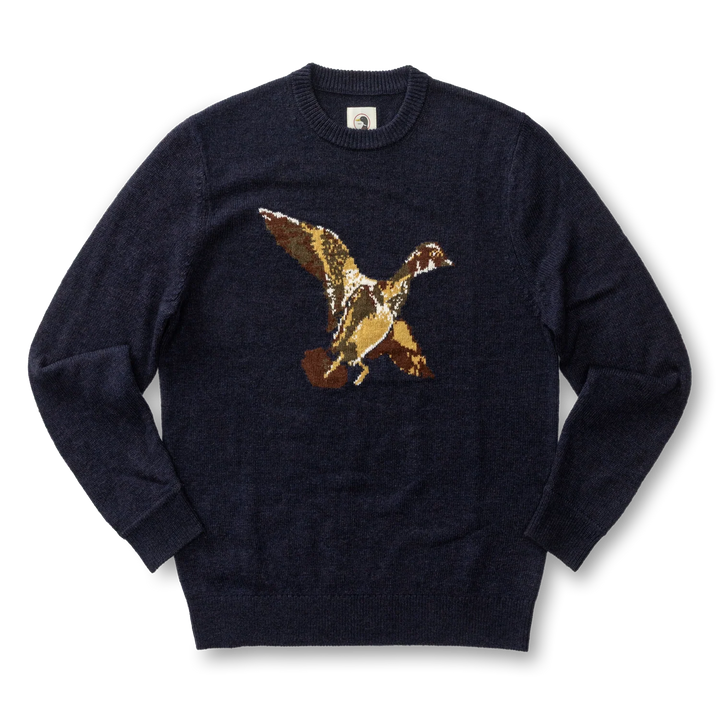 Flying Wood Duck Intarsia Crewneck Sweater  (Deep Navy Heather)