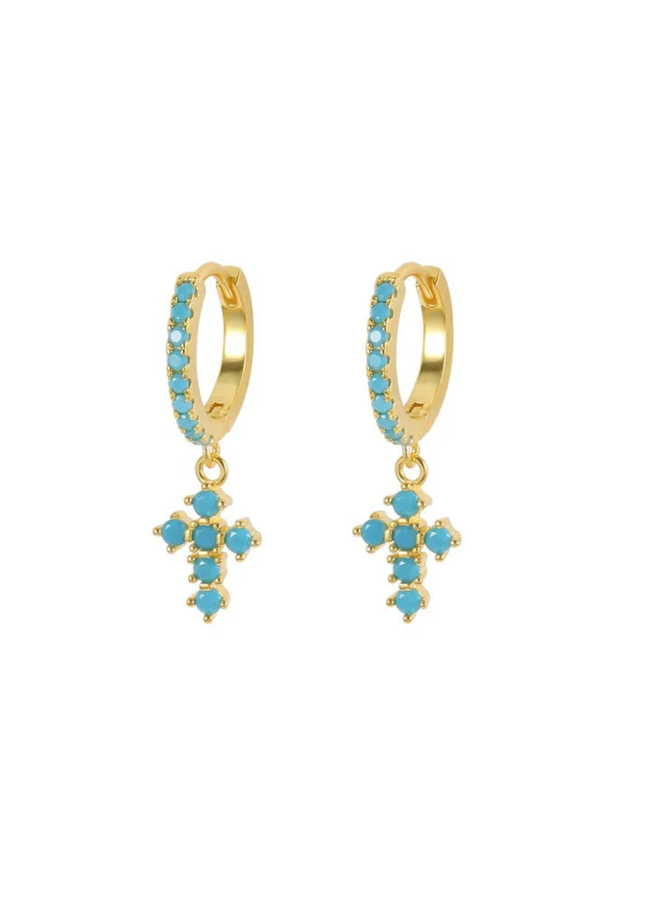 Turquoise Cross Huggie Hoop