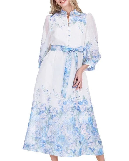 Stand Collar A-Line Dress (Blue Wildflower)