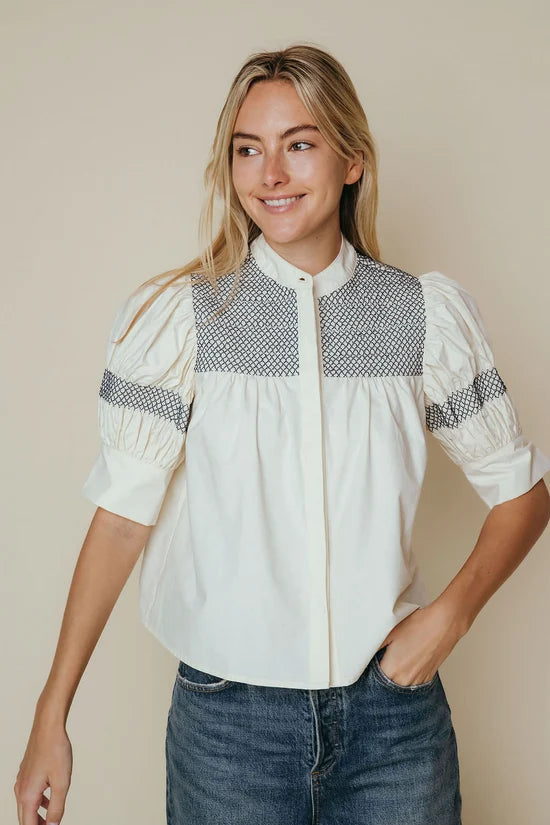 Sutton Blouse (Bone with Navy Stitching)