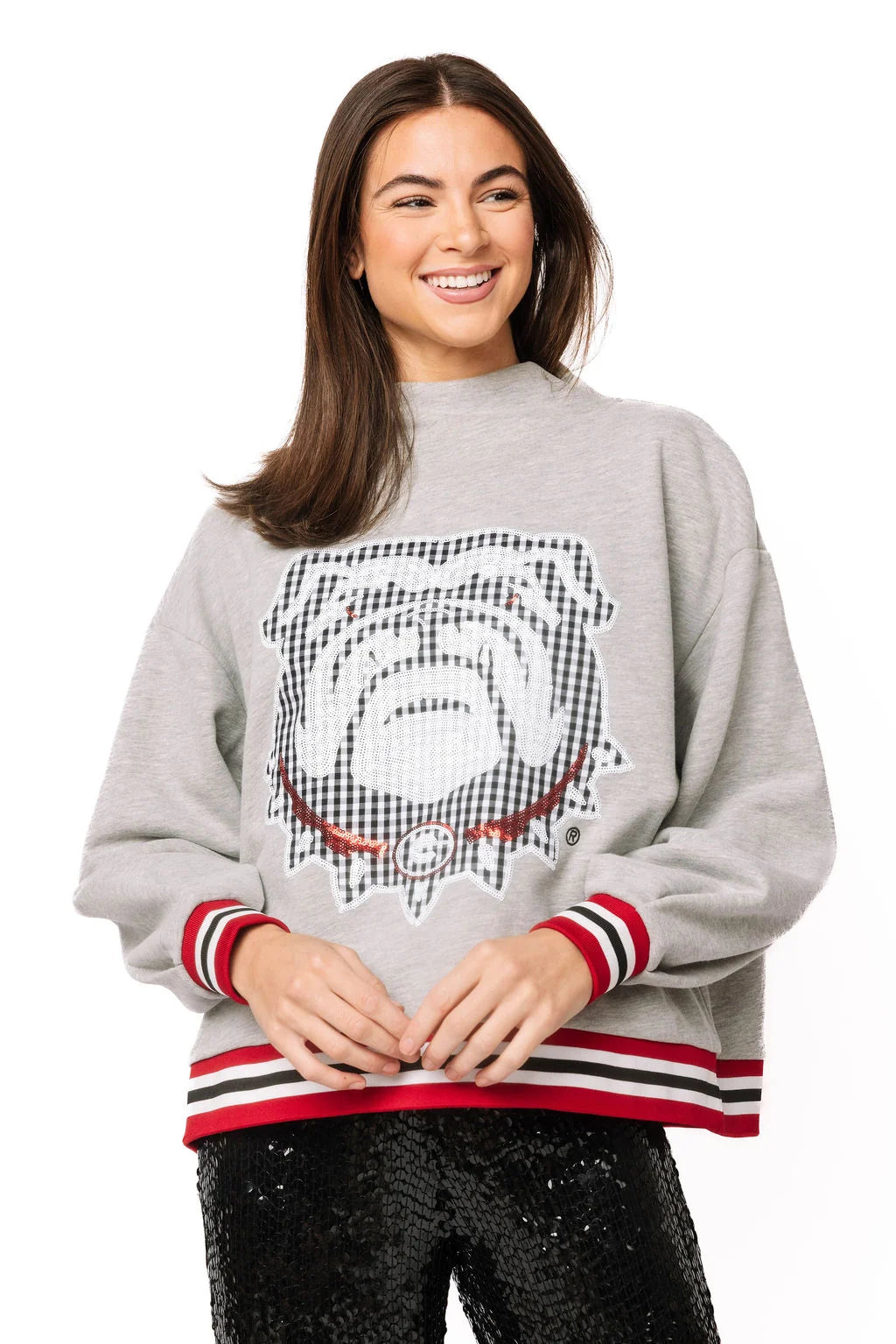 UGA Grey Gingham Mascot Mock Neck Sweatshirt (Multi)