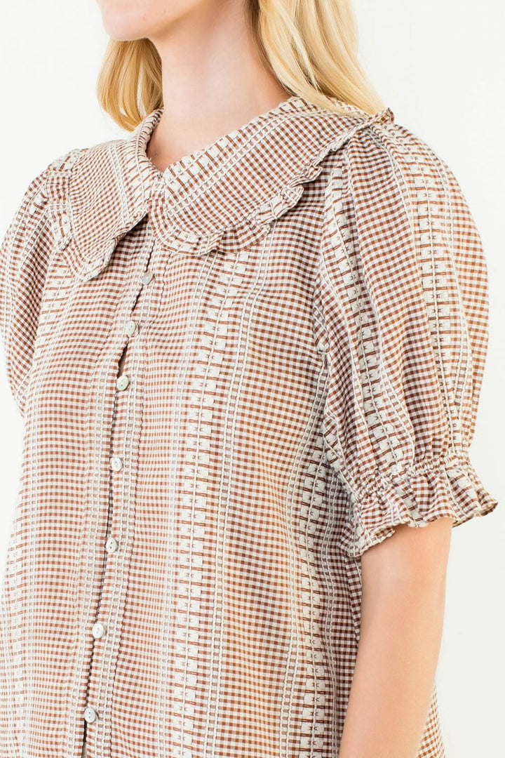 Puff Sleeve Gingham Patterned Top (Brown)